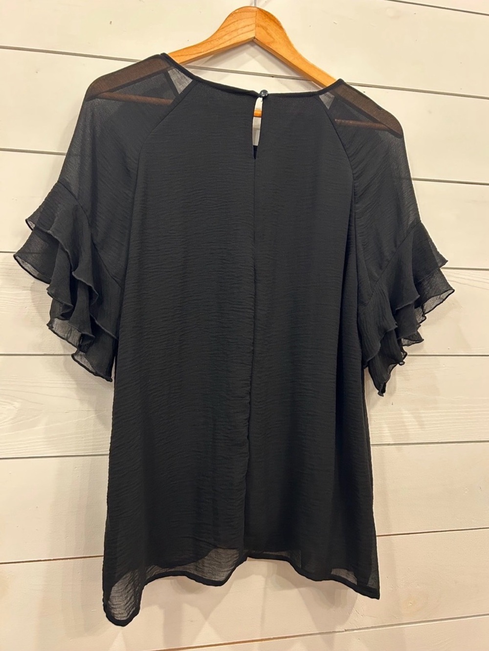 Chiffon Black Ruffle Sleeve Women's Top - Picture 5 of 6
